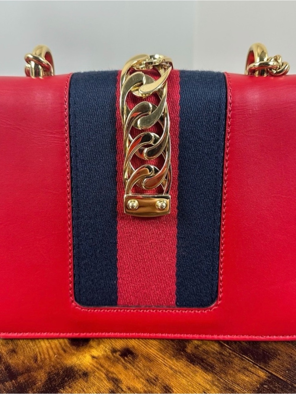 Gucci Sylvie Red Leather Shoulder Bag Gold Chain Web Stripe Crossbody - Picture 3 of 16